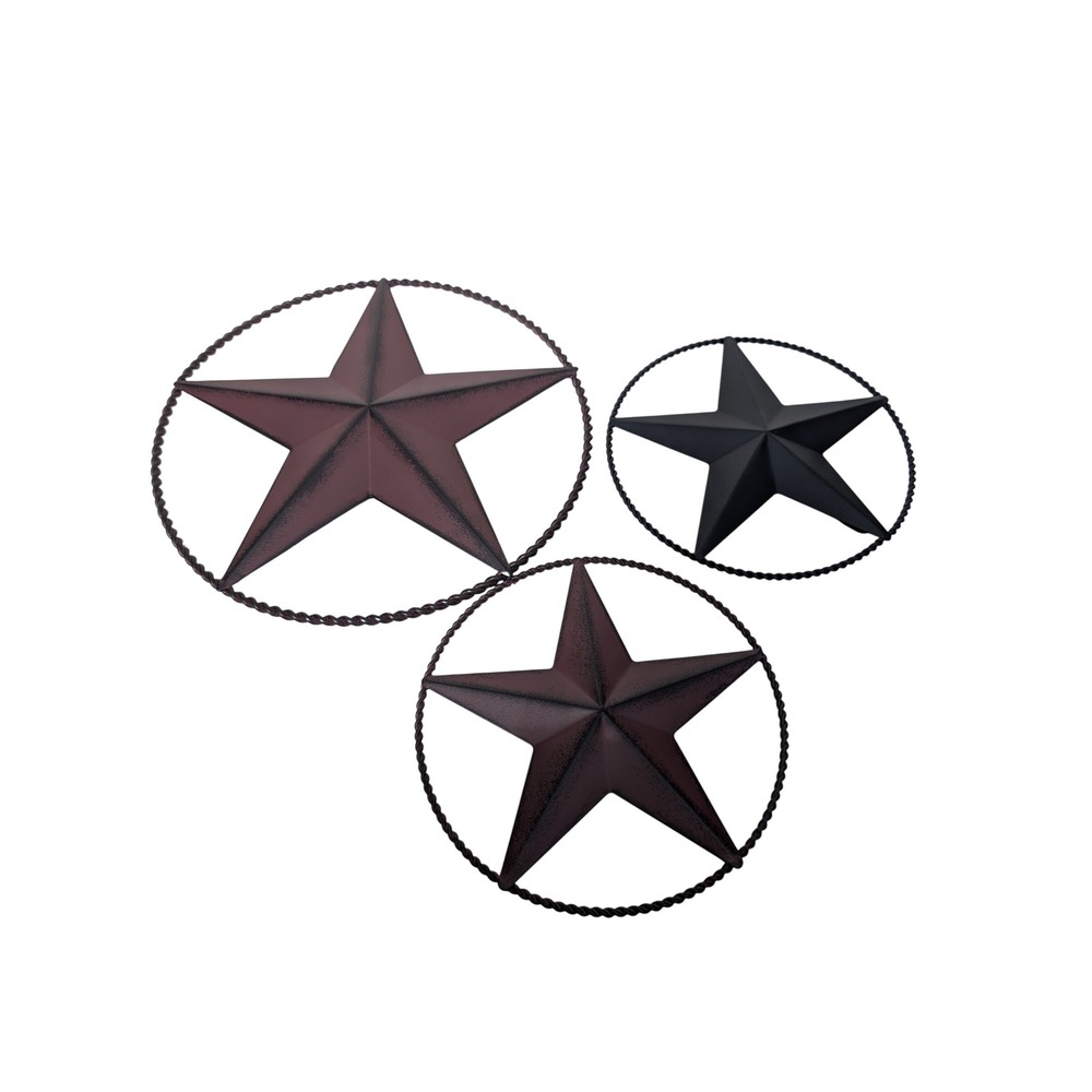 Rustic Metal Barn Star Wall Art Set of 3 Twisted Rope Circle Burgundy Black
